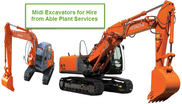 Midi Excavators for Hire from Able Plant Services